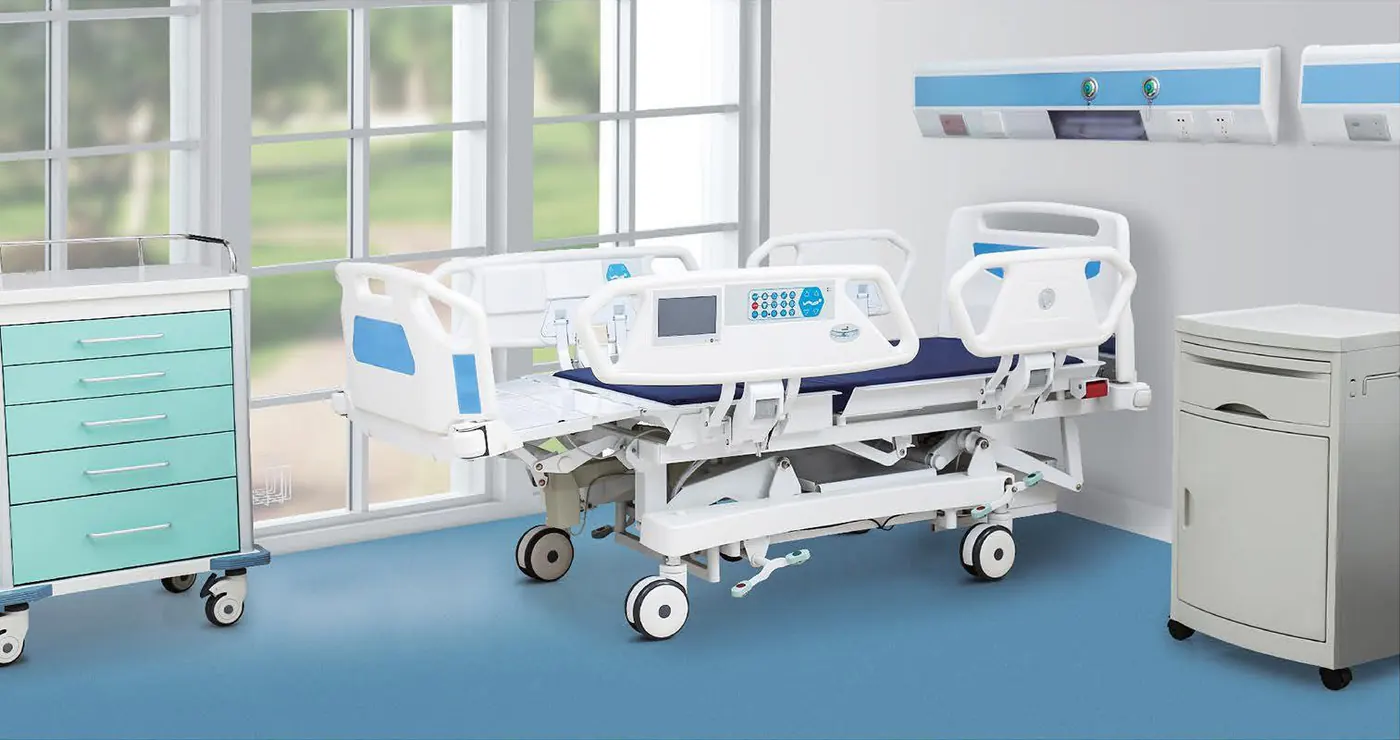 Multi-function electric ICU bed with bedside cabinet in a ward